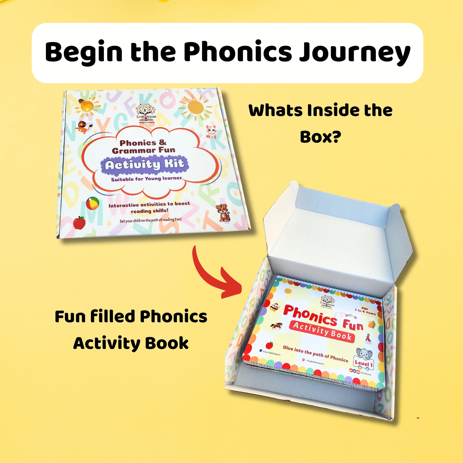 Phonics activity kit with an open box showing a book on a yellow background