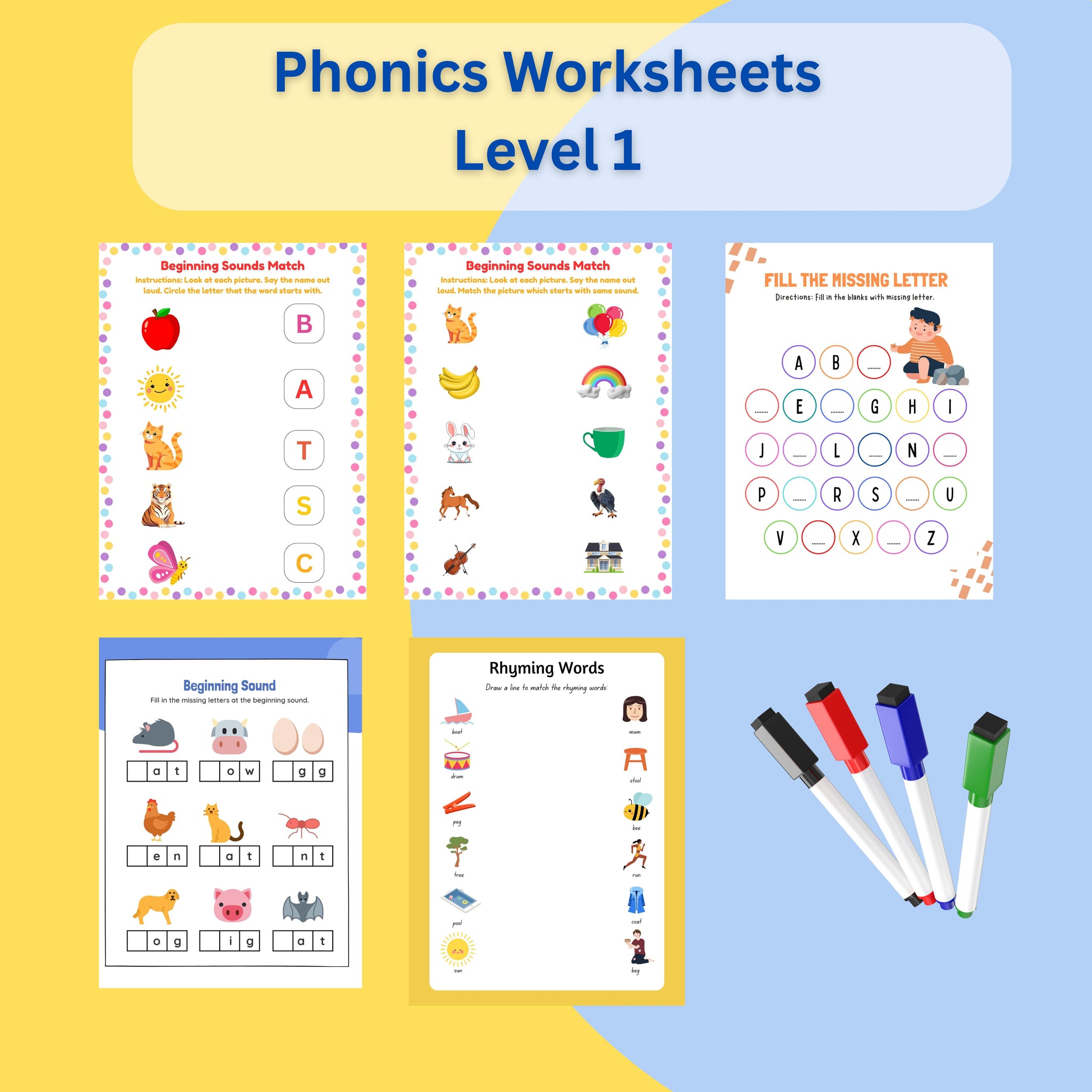 Phonics Level 1 Reusable Worksheets for Toddlers – Includes 2 Markers & Eraser | Learn to Read & Spell