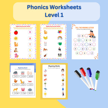 Phonics Level 1 Reusable Worksheets for Toddlers – Includes 2 Markers & Eraser | Learn to Read & Spell