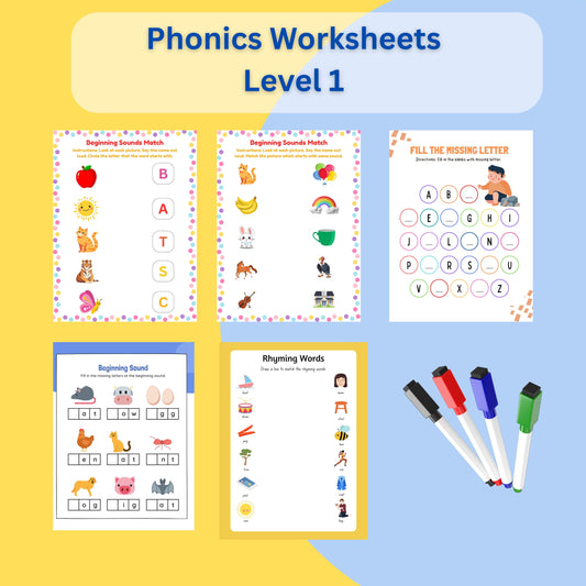 Phonics Level 1 Reusable Worksheets for Toddlers – Includes 2 Markers & Eraser | Learn to Read & Spell