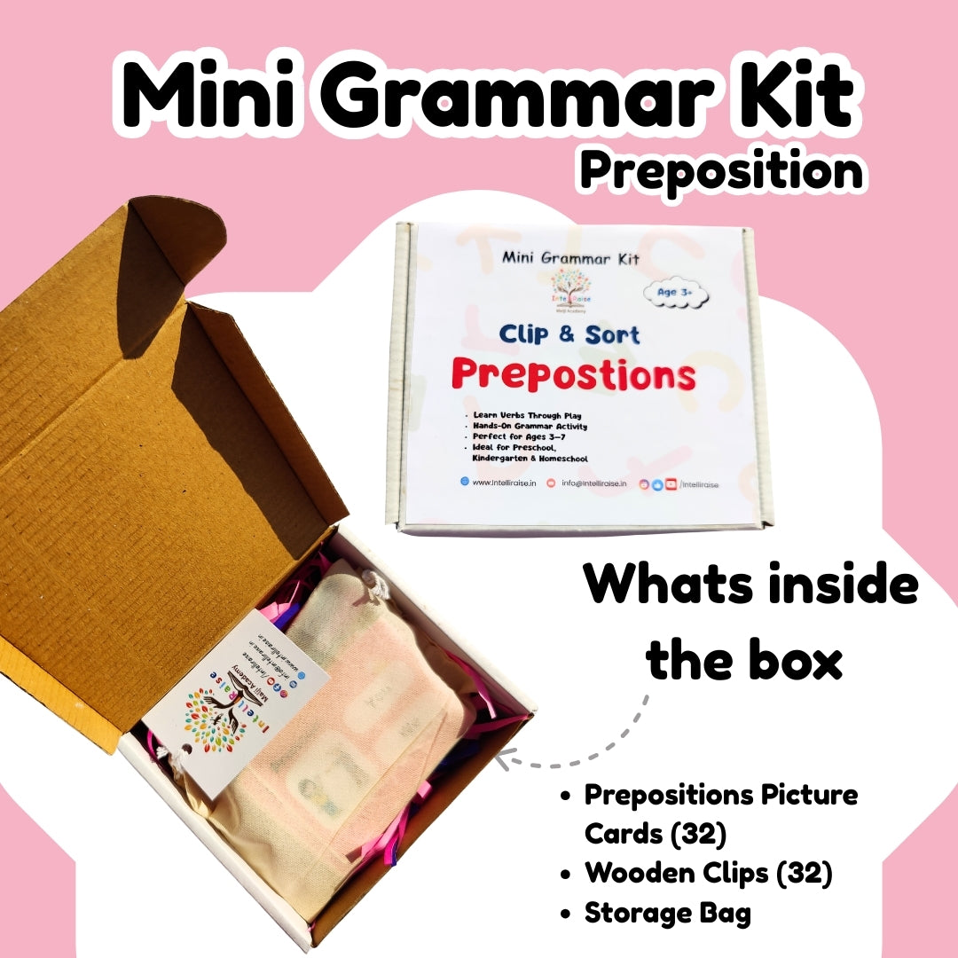 Mini Grammar Kit for prepositions with open box on pink background