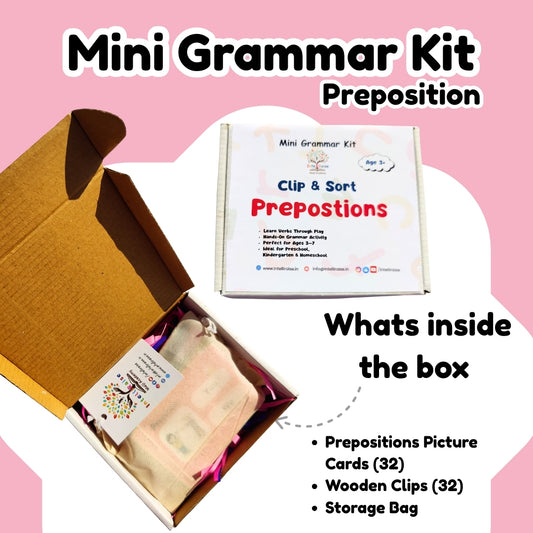 Mini Grammar Kit for prepositions with open box on pink background