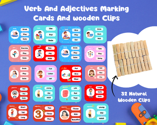 Verb & Adjective Picture Cards Activity with 32 Natural Wooden Clips – Fun Grammar Learning for Kids