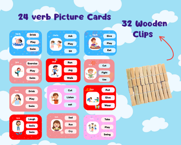 Verb & Adjective Picture Cards Activity with 32 Natural Wooden Clips – Fun Grammar Learning for Kids
