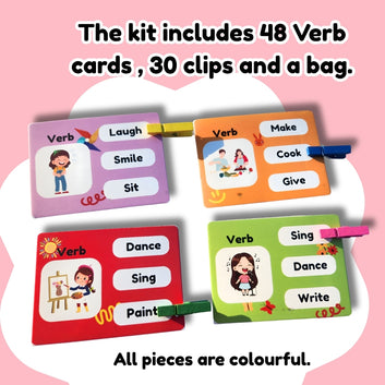 Clip & Sort Action Words (Verbs) Grammar Kit | 48 Picture Cards + 30 Wooden Clips | Hands-On Learning