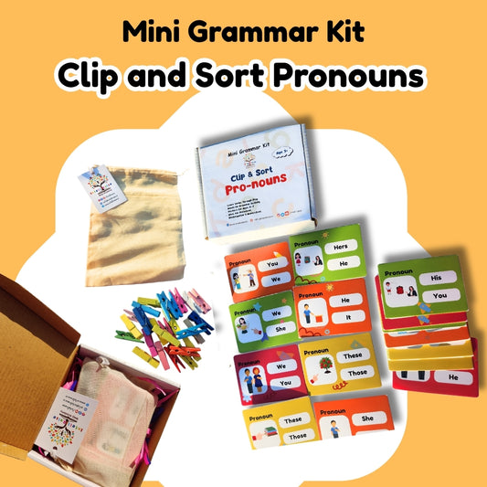 Mini Grammar Kit for clip and sort pronouns on a yellow background