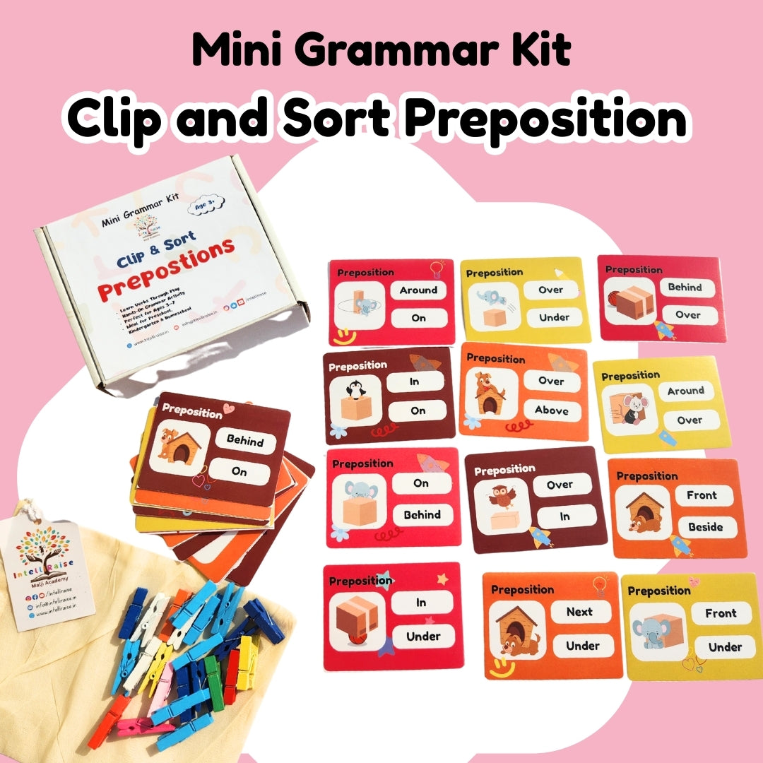 Mini Grammar Kit with clip and sort preposition cards on a pink background
