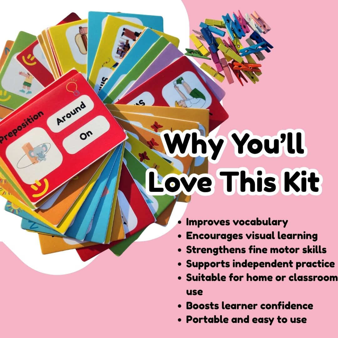 Educational card set with colorful cards and clothespins on a pink background, featuring text about the kit's benefits.
