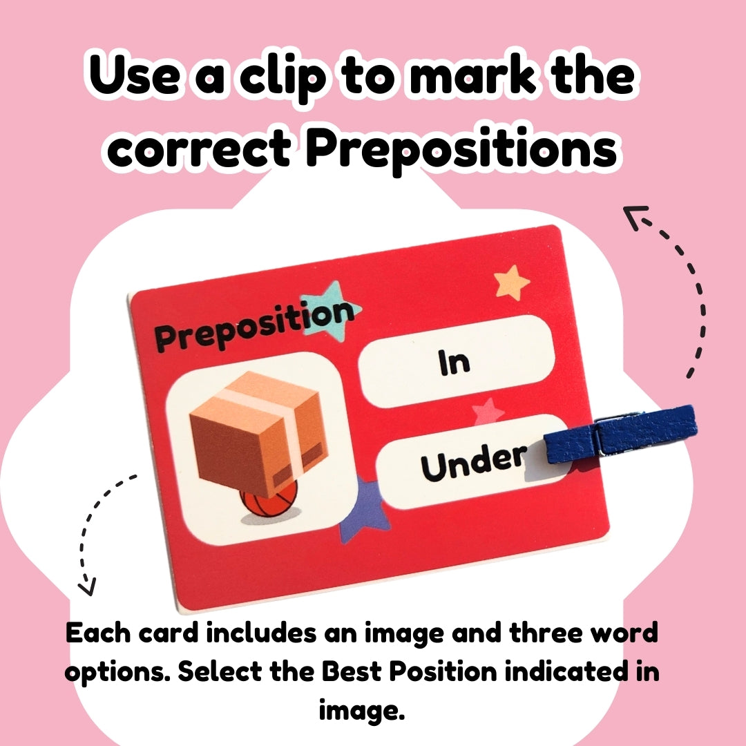 Educational card with a box image and preposition options on a pink background