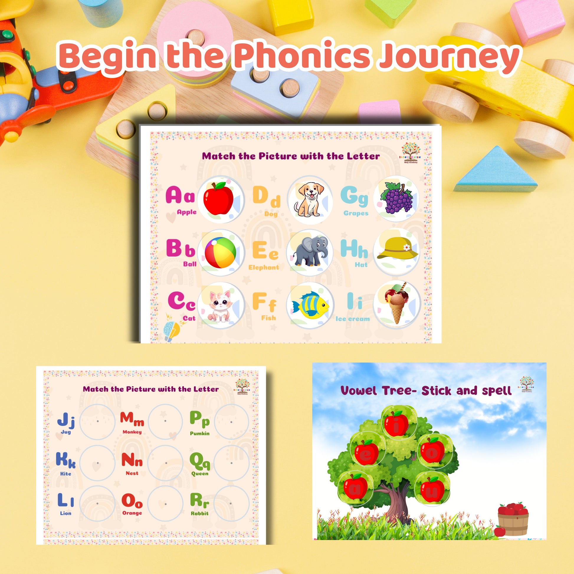 Educational children's books and materials on a yellow background with toys.