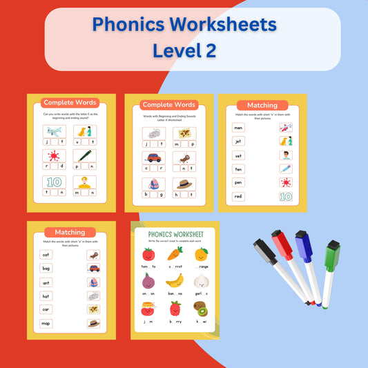 Phonics Level 2 Reusable Worksheets for Kids – Blends, Digraphs & Word Families | Includes 2 Markers & Eraser
