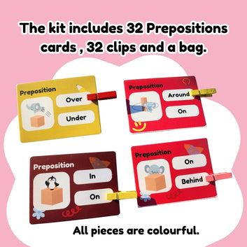 Educational prepositions cards with clips on a pink background