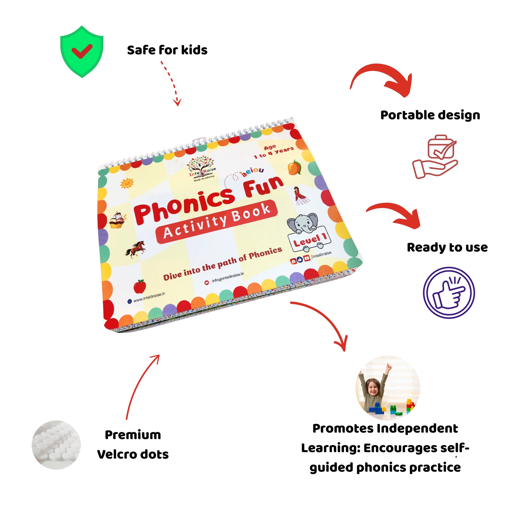 Phonics Fun Activity Book with features listed on a white background
