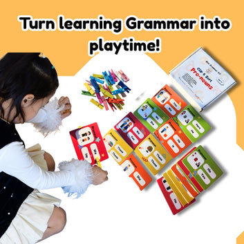 Children playing with educational grammar game on a yellow background